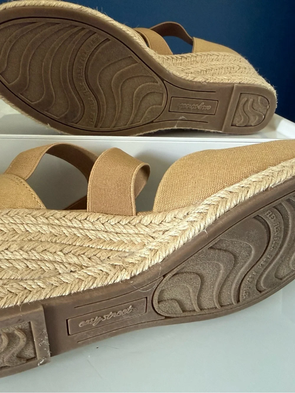 Easy street 6.5 wide -  Tan Espadrille Wedge with Crisscross Elastic Straps